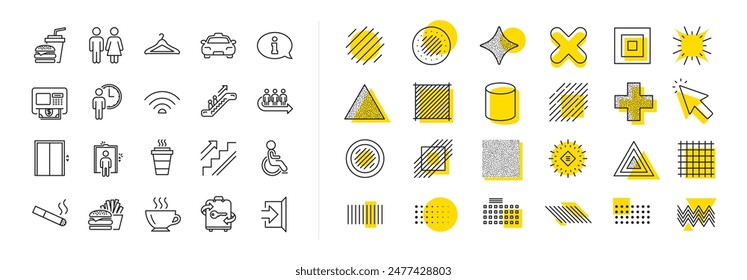 Elevator, Cloakroom and Taxi icons. Design shape elements. Public Services, Wifi line icons. Exit, ATM and Escalator. Wifi, Lift or elevator, Restaurant food. Vector