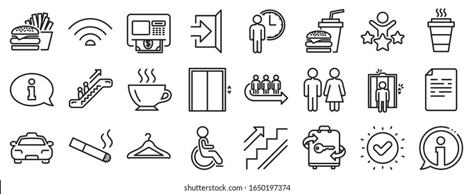 Elevator, Cloakroom and Taxi icons. Public Services, Wifi line icons. Exit, ATM and Escalator. Wifi, Lift or elevator, Restaurant food. Public cloakroom, information, coffee and smoking. Vector