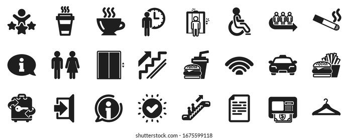 Elevator, Cloakroom and Taxi icons. Public Services, Wifi icons. Exit, ATM and Escalator. Wifi, Lift or elevator, Restaurant food. Public cloakroom, information, coffee and smoking. Vector