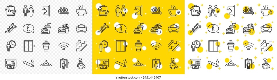 Elevator, Cloakroom and Taxi icons. Public Services, Wifi line icons. Exit, ATM and Escalator. Wifi, Lift or elevator, Restaurant food. Public cloakroom, information, coffee and smoking. Vector