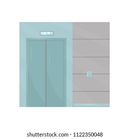 Elevator with closed door, buttons on wall. Part of interior design of office hall. Building element. Flat vector design
