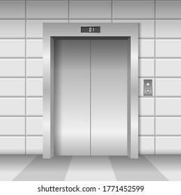 Elevator with closed door realistic vector illustration.