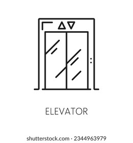 Elevator closed doors in hotel lobby, thin line. Black thin line elevator icon for house or home, lift to apartment or trip to top floor