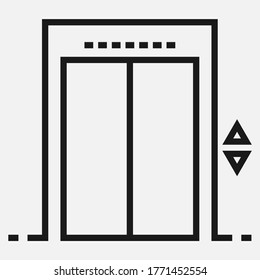 Elevator with closed doors line black and white vector icon.