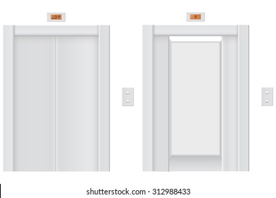 Elevator with closed doors and  with open doors. Vector isolated on white.