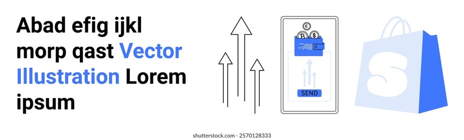 Elevator control panel with up buttons is next to arrows and a shopping bag. Ideal for online shopping platforms product descriptions commercial advertisements technology user interfaces. Landing