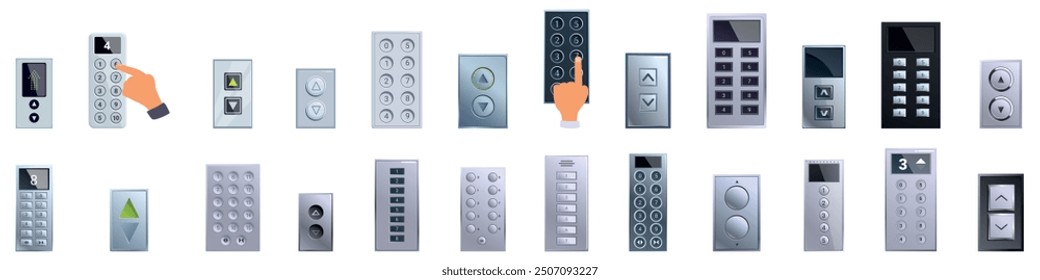 Conjunto de iconos del panel de control del ascensor. Conjunto de iconos de dibujos animados de paneles de control de ascensor con Botones para seleccionar pisos y direcciones