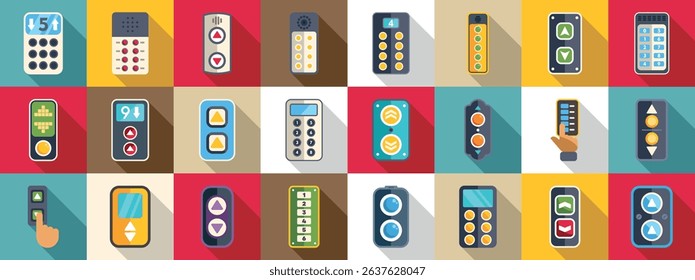 Elevator control panel icons set. Elevator buttons icons set showcasing various designs of control panels and keypads for operating lifts