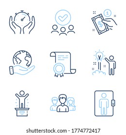 Elevator, Creative idea and Teamwork line icons set. Diploma certificate, save planet, group of people. Timer, Winner podium and Payment method signs. Vector