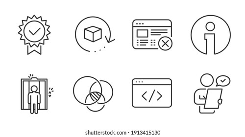 Elevator, Customer survey and Return package line icons set. Euler diagram, Info and Certificate signs. Seo script, Reject web symbols. Lift, Contract, Exchange goods. Technology set. Vector