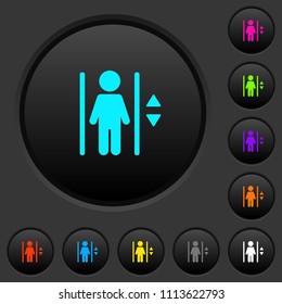Elevator dark push buttons with vivid color icons on dark grey background
