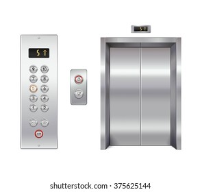 Elevator design set with closed doors and button panel isolated vector illustration