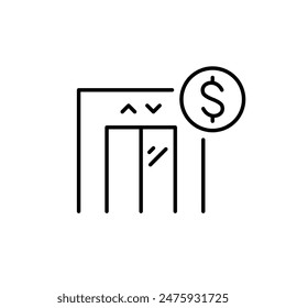 Elevator and dollar symbol. Vertical transportation fee, maintenance cost. Pixel perfect, editable stroke icon