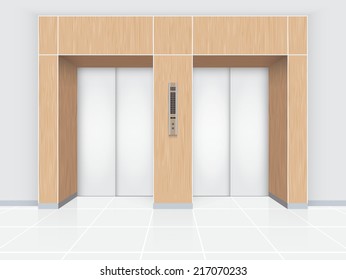 Elevator door or lift door decor by wood. Front view and interior. That is a vertical transportation machine that move people between floor, level of a building i.e. office, hotel etc. Vector design.