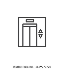 Elevator door line icon. Outline icon with arrows pointing up and down. This travel icon is a symbol for vertical transport in facilities.