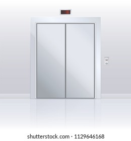 Elevator door. Modern silver metallic closed passenger lift with up and down panel and display for the floor. Vector illustration.