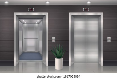 Elevator door realistic composition with elevator hall doors front view with side post and home plant vector illustration