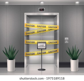 Elevator door realistic composition with indoor view of entrance to the elevator with caution barrier lines vector illustration