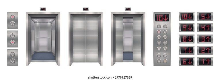 Elevator door set with realistic images of automatic doors with buttons panel and screens with digits vector illustration