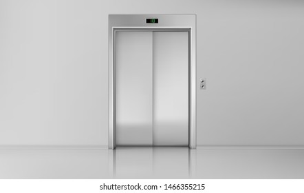 Elevator doors, close lift cabin entrance with chrome metal buttons panel, empty building white hallway interior, office vestibule, hotel or dwelling lobby Realistic 3d vector Illustration
