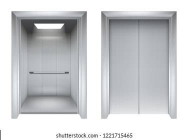 Elevator doors. Closing and opening lift metallic in office building vector realistic 3d pictures. Illustration of lift door and elevator for office or hotel