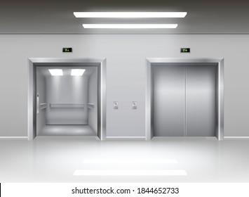 Elevator doors, lift, vertical cable transportation machine. Home, office residential elevators. Vector realistic style illustration on white background