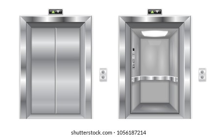 Elevator doors. Metal closed and open doors. Vector 3d illustration isolated on white background