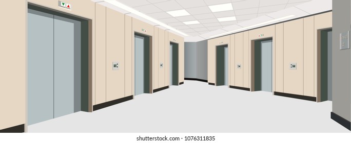 Elevator doors on the floor. Interior of the long corridor. Illustration of an interior of a floor of an apartment house.