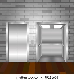 Elevator Doors open and closed metal modern. Elevator hall interior with  brick wall and wooden floor background. Vector illustration. 
