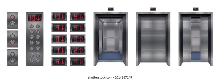 Elevator doors realistic set with isolated images of entrance buttons and digital screen with floor number vector illustration