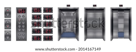 Elevator doors realistic set with isolated images of entrance buttons and digital screen with floor number vector illustration