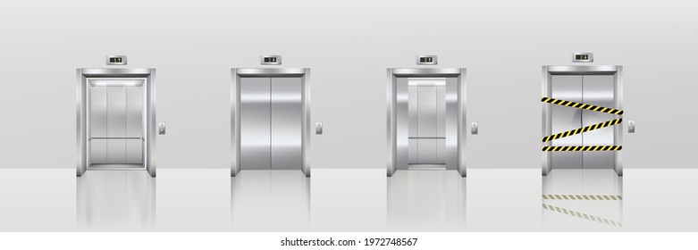 Elevator doors set. Lifts closed, opened, broken in hotel or office vector illustration. Realistic stainless steel hallway interior elements on grey background. Interior of building.
