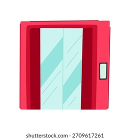 Portas do elevador de pé fechadas com um design de quadro vermelho e um botão de chamada, representando conceitos de ascensão, descida, espera, mudança de nível e chegada