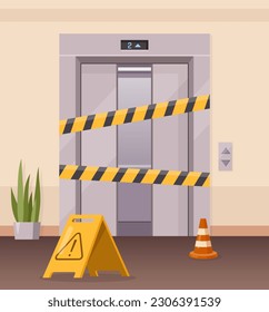 Elevator doors. Vector illustration of office or hotel hallway with broken elevator doors, plants, floor indicator, warning yellow stripe, caution sign. Damaged elevators, lift closed for repair.