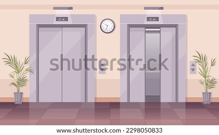 Elevator doors. Vector illustration of office or hotel hallway with open and closed elevator doors, clock, plants, floor indicator, cargo cabins. Lobby interior, corridor in house with lift.