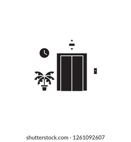 Elevator entrance black vector concept icon. Elevator entrance flat illustration, sign