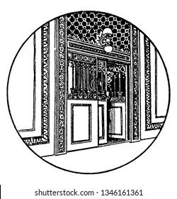 Elevator Entrance is an industry leader in the manufacture of elevator cabs, vintage line drawing or engraving illustration.