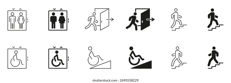 Conjunto de ícones de elevador, saída e acessibilidade. Coleção De Símbolos De Navegação E Acessibilidade De Instalações Públicas. Ilustração de vetor isolada.