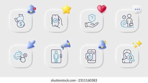 Elevator, Financial app and Mobile like line icons. Buttons with 3d bell, chat speech, cursor. Pack of Bribe, Protection shield, Customer satisfaction icon. Vector