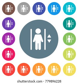 Elevator flat white icons on round color backgrounds. 17 background color variations are included.