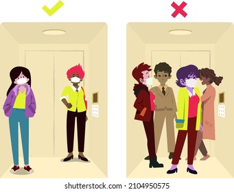 Elevator Gate. Metal, Lift Door. Elevator Cabin Interior Indoor. Social Distance In Elevators. Business People Talk Inside Elevator. Elevator Room Concept. Modern Office, Hotel. Vector Illustration.