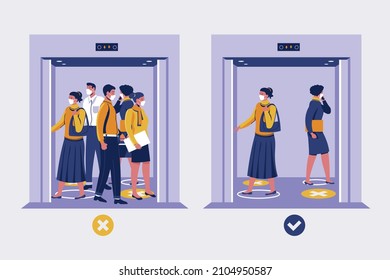 Elevator gate. Metal, lift door. Elevator cabin interior indoor. Social distance in elevators. Business people talk inside elevator. Elevator room concept. Modern office, hotel. Vector illustration.