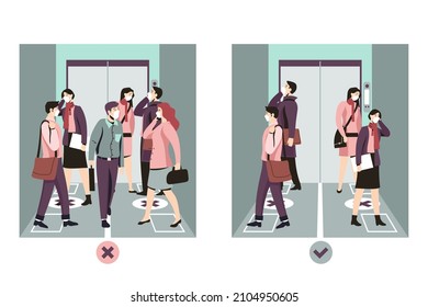 Elevator Gate. Metal, Lift Door. Elevator Cabin Interior Indoor. Social Distance In Elevators. Business People Talk Inside Elevator. Elevator Room Concept. Modern Office, Hotel. Vector Illustration.