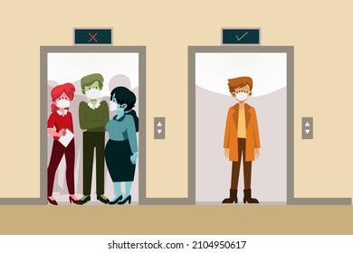 Elevator gate. Metal, lift door. Elevator cabin interior indoor. Social distance in elevators. Business people talk inside elevator. Elevator room concept. Modern office, hotel. Vector illustration.