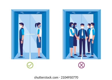 Elevator gate. Metal, lift door. Elevator cabin interior indoor. Social distance in elevators. Business people talk inside elevator. Elevator room concept. Modern office, hotel. Vector illustration.
