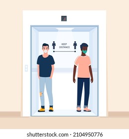 Elevator gate. Metal, lift door. Elevator cabin interior indoor. Social distance in elevators. Business people talk inside elevator. Elevator room concept. Modern office, hotel. Vector illustration.