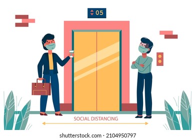 Elevator gate. Metal, lift door. Elevator cabin interior indoor. Social distance in elevators. Business people talk inside elevator. Elevator room concept. Modern office, hotel. Vector illustration.