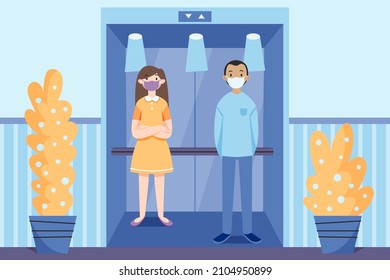 Elevator gate. Metal, lift door. Elevator cabin interior indoor. Social distance in elevators. Business people talk inside elevator. Elevator room concept. Modern office, hotel. Vector illustration.