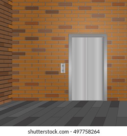 Elevator hall interior with brick wall and floor background. Closed metal elevator door. Vector illustration. 