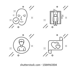 Elevator, Health skin and Person line icons set. Love letter sign. Lift, Clean face, Edit profile. Heart. People set. Line elevator outline icon. Vector
